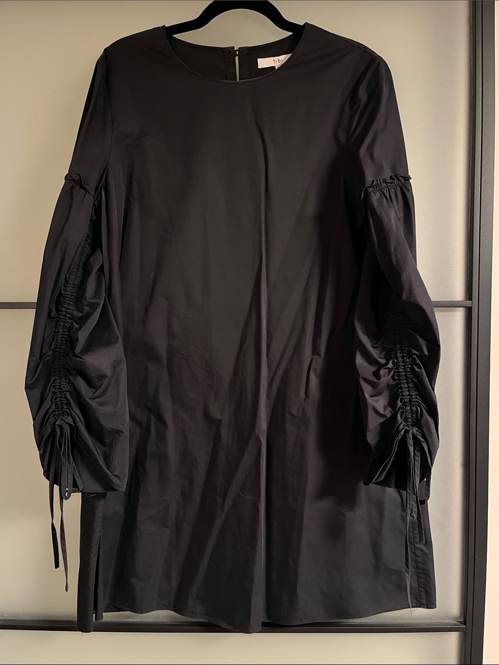 Tibi black dress with ruched sleeves